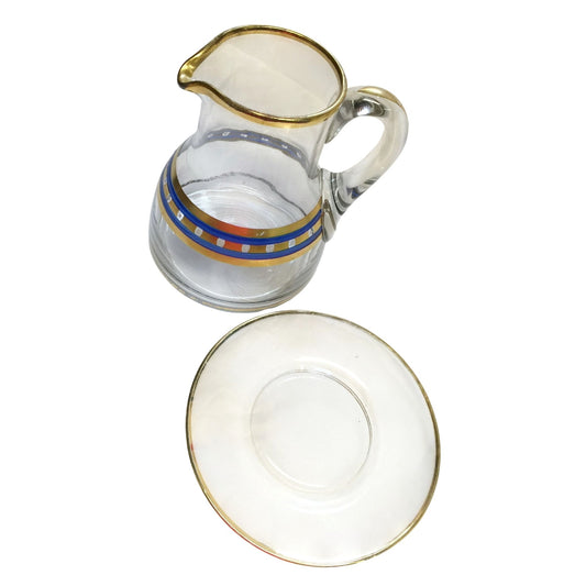 Vintage Blue & Gold Decorated Glass Pitcher and Saucer Set - Unique Retro Design!