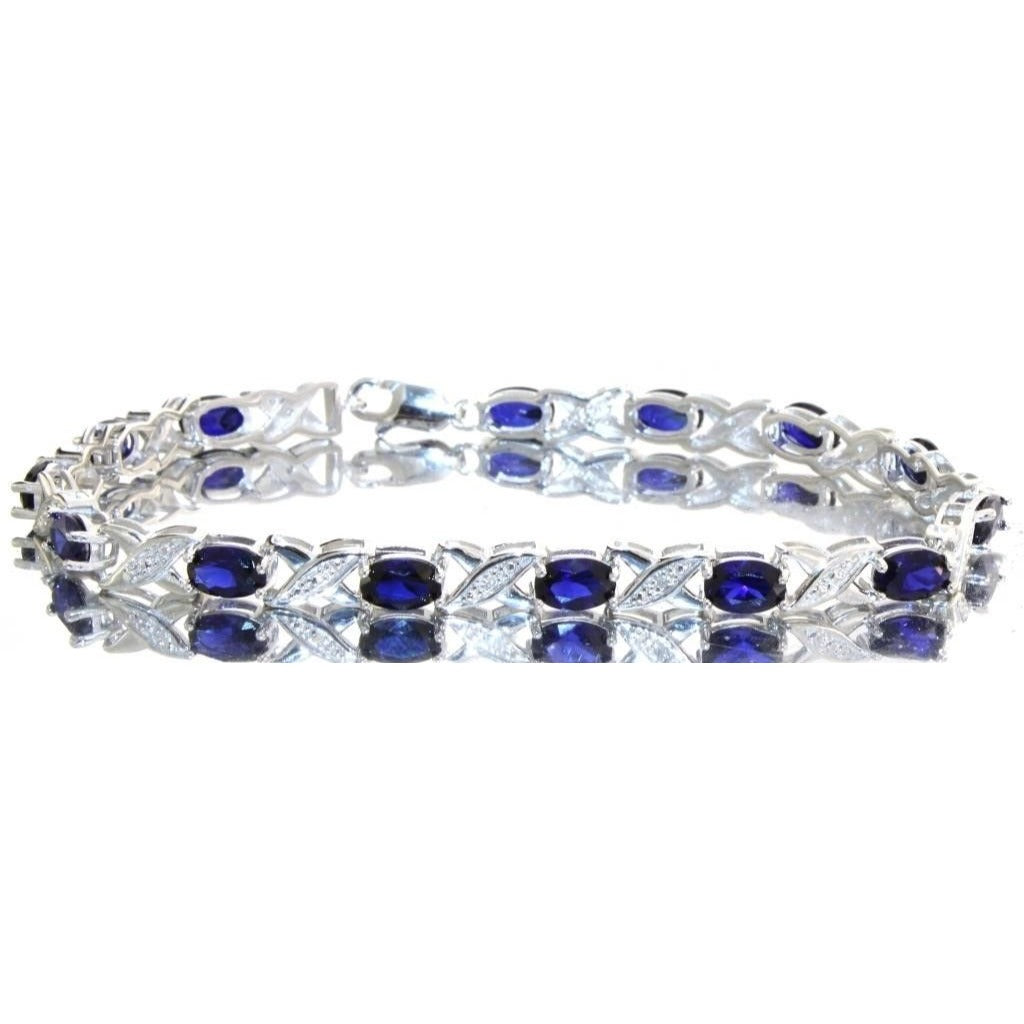 8.40 Carat  Deep Blue Lab Created Sapphire Bracelet with Diamond Accent