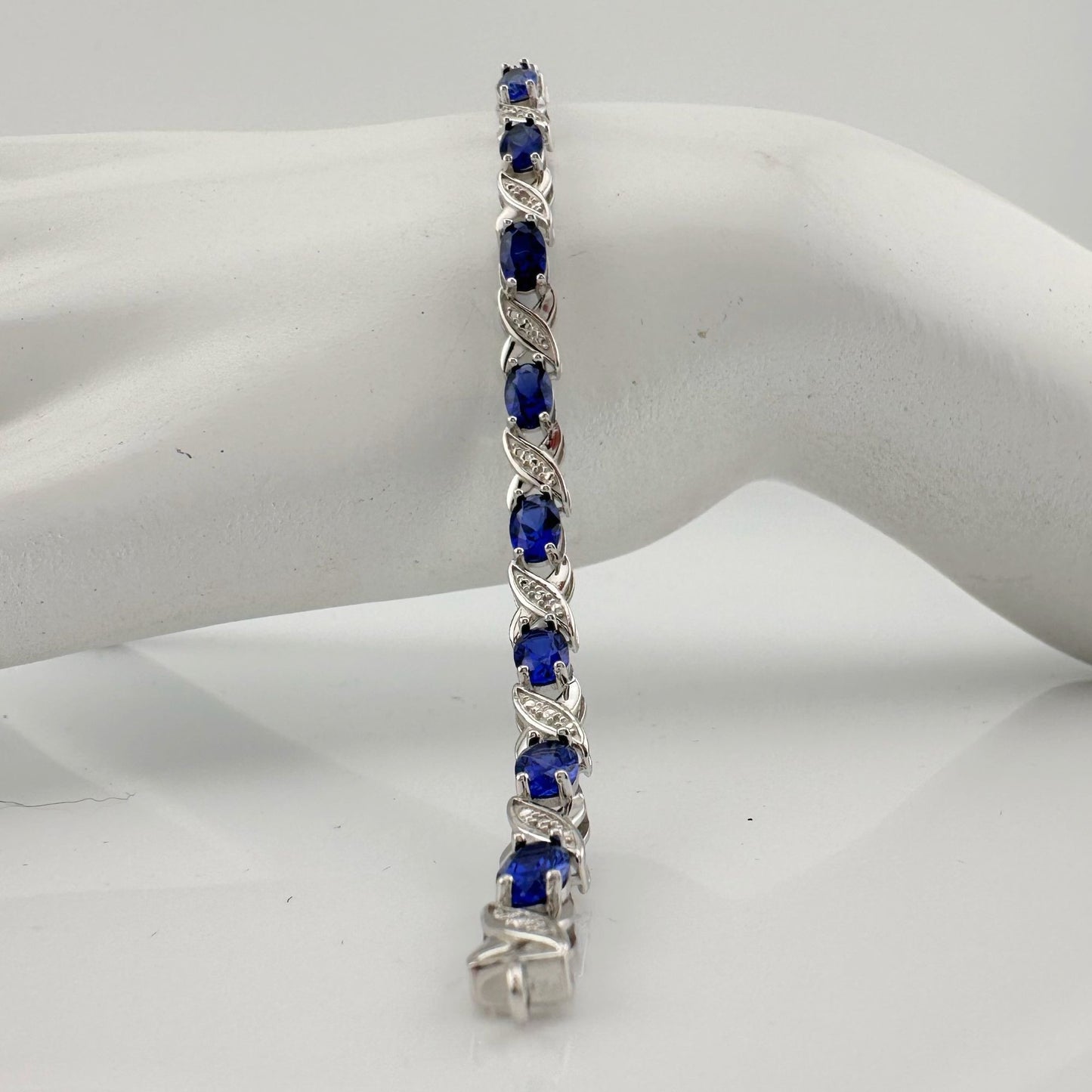 8.40 Carat  Deep Blue Lab Created Sapphire Bracelet with Diamond Accent