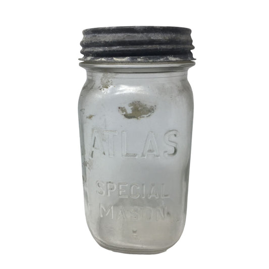 Vintage Clear Glass ATLAS Special Mason Jar w/ Lid - about 7'' tall