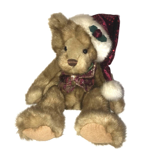Christmas Bear Plush in Santa Claus Hat 13" Deep Red & Green Tie Holiday Decor