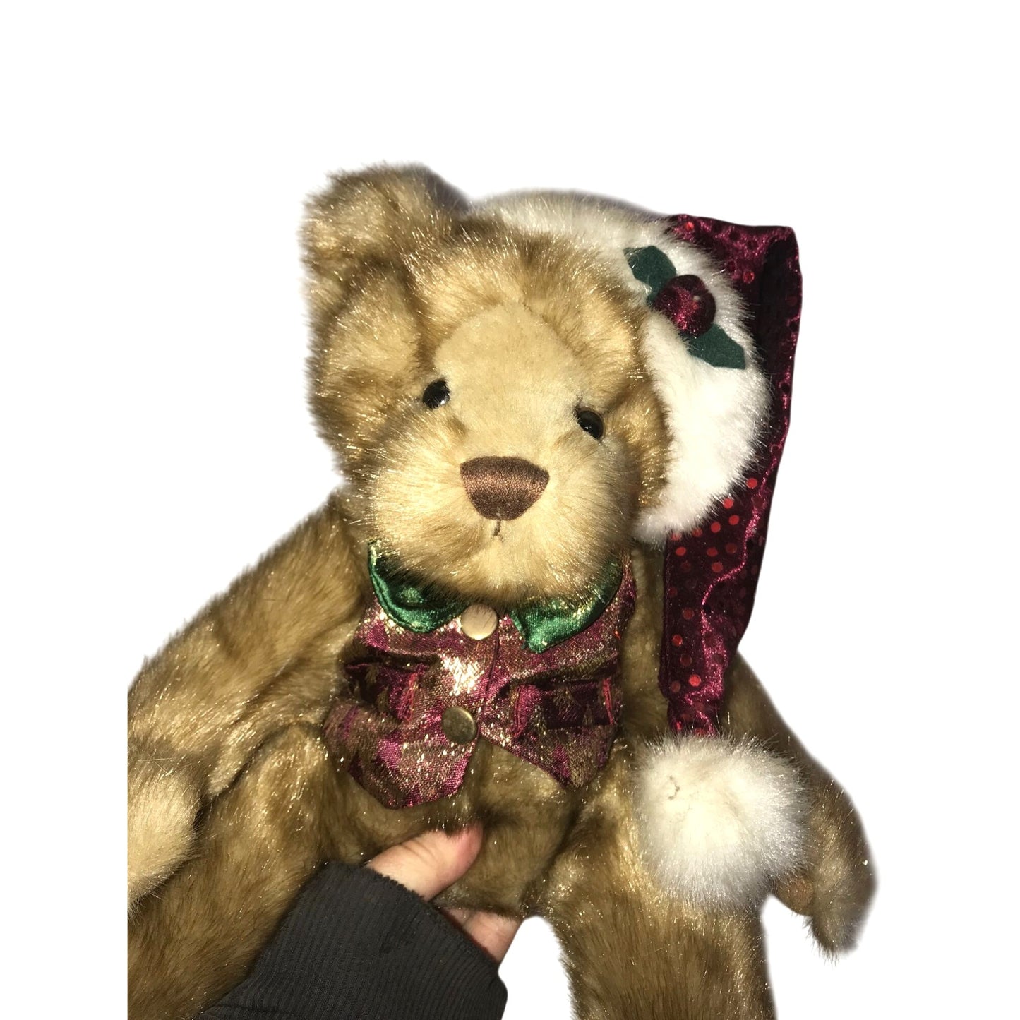 Christmas Bear Plush in Santa Claus Hat 13" Deep Red & Green Tie Holiday Decor