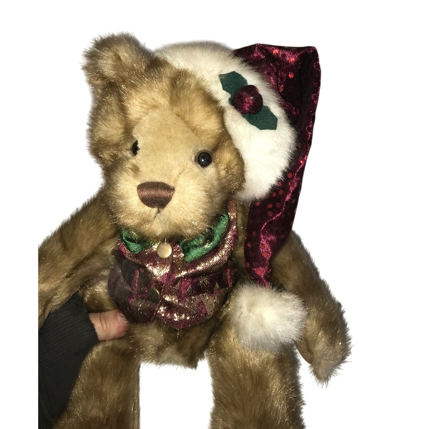 Christmas Bear Plush in Santa Claus Hat 13" Deep Red & Green Tie Holiday Decor
