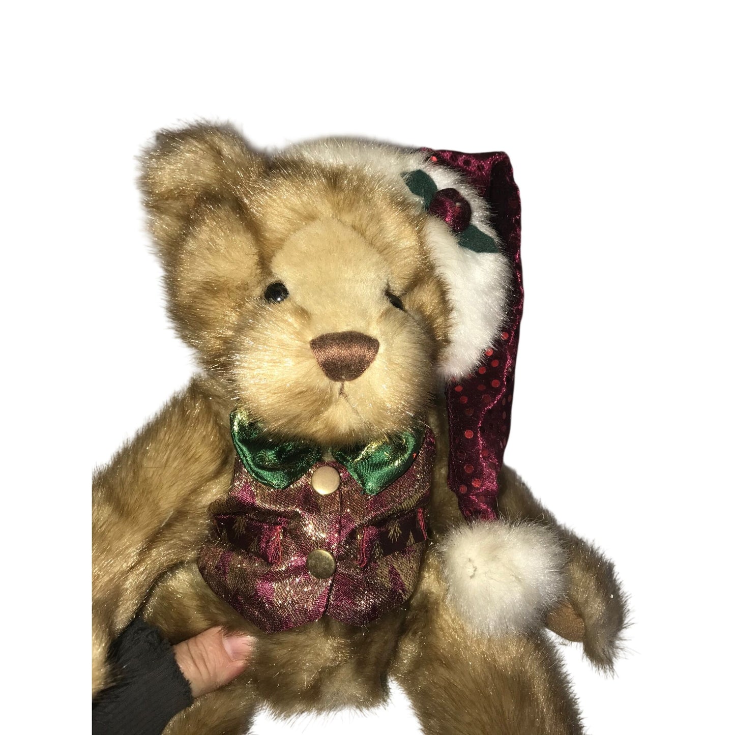 Christmas Bear Plush in Santa Claus Hat 13" Deep Red & Green Tie Holiday Decor