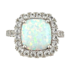 Cushion Cut Lab Created White Opal and White Topaz Ring Size 7