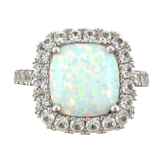 Cushion Cut Lab Created White Opal and White Topaz Ring Size 7 --  A+ Stuff ring