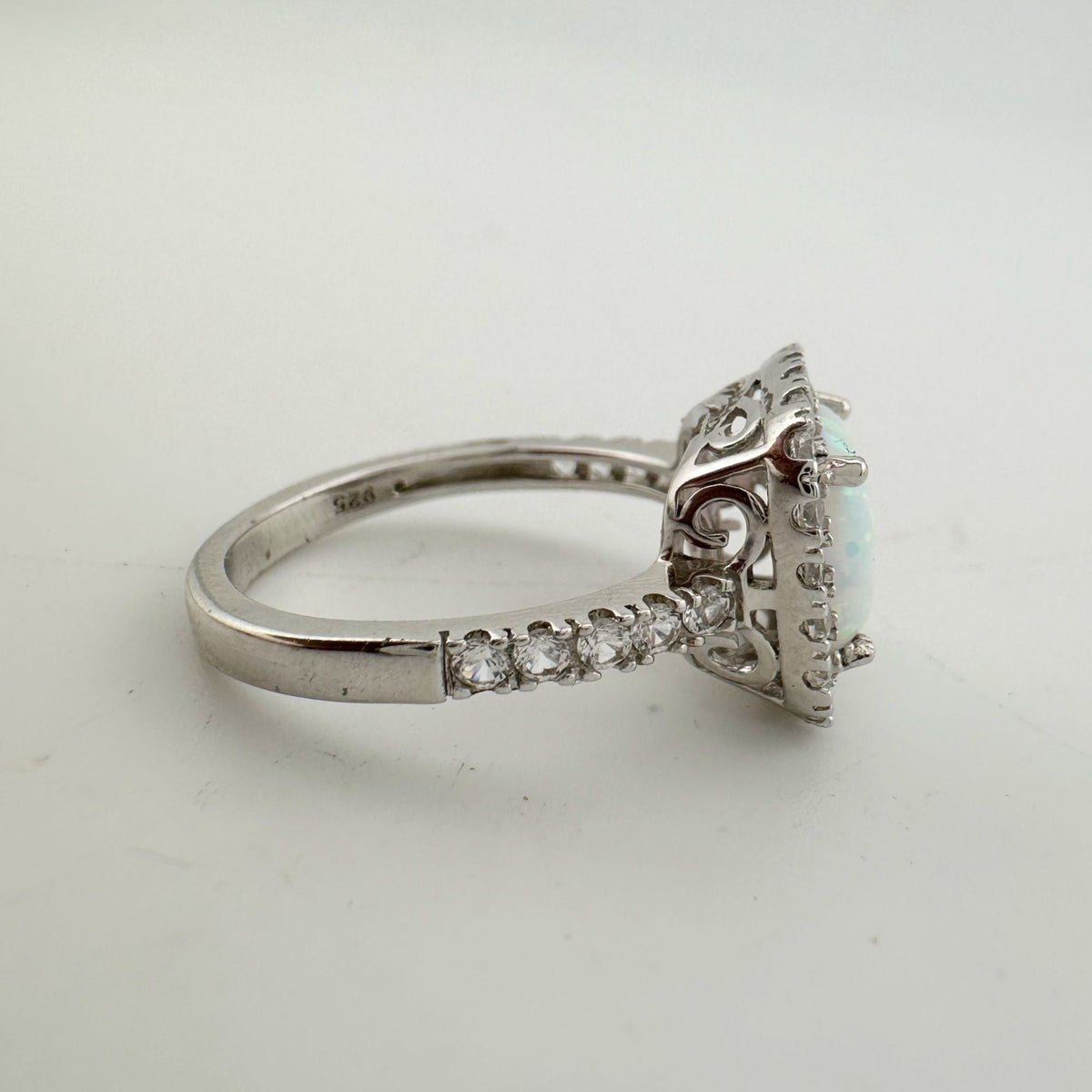 Cushion Cut Lab Created White Opal and White Topaz Ring Size 7 --  A+ Stuff ring