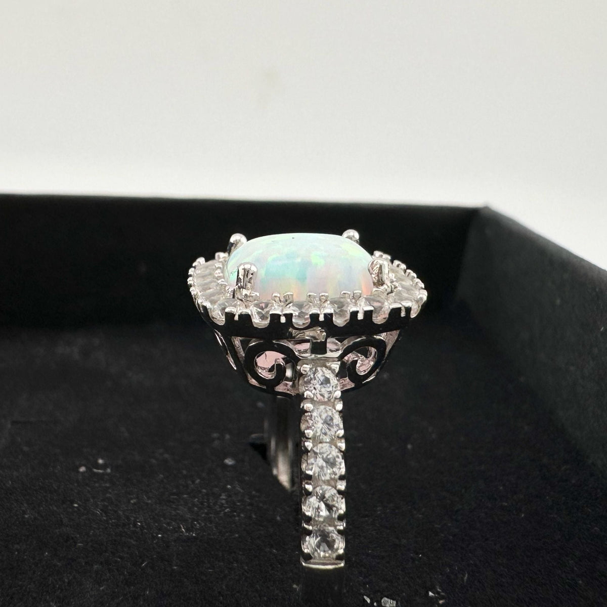 Cushion Cut Lab Created White Opal and White Topaz Ring Size 7 --  A+ Stuff ring