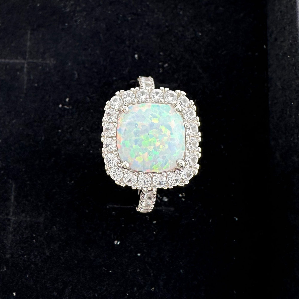 Cushion Cut Lab Created White Opal and White Topaz Ring Size 7 --  A+ Stuff ring