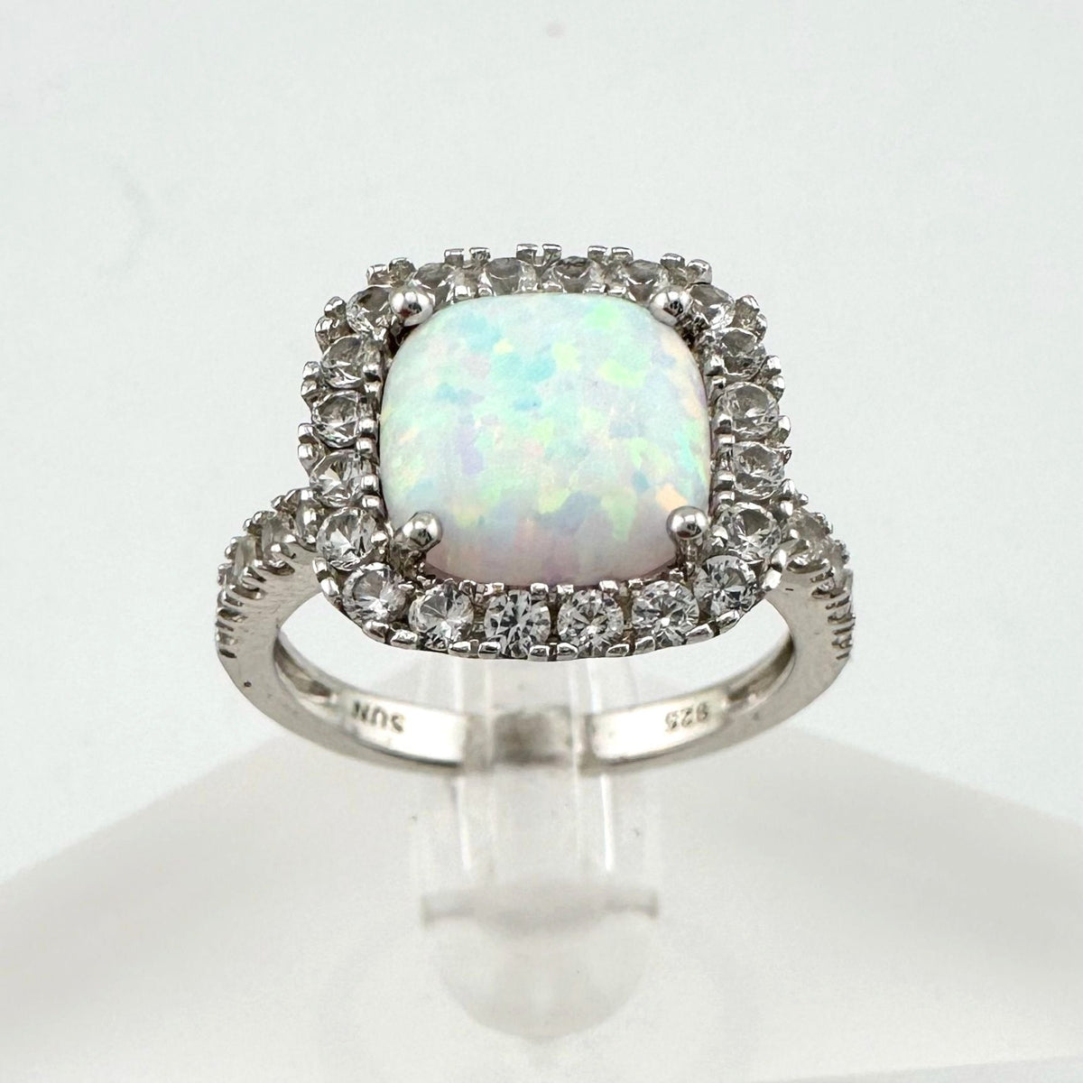Cushion Cut Lab Created White Opal and White Topaz Ring Size 7 --  A+ Stuff ring