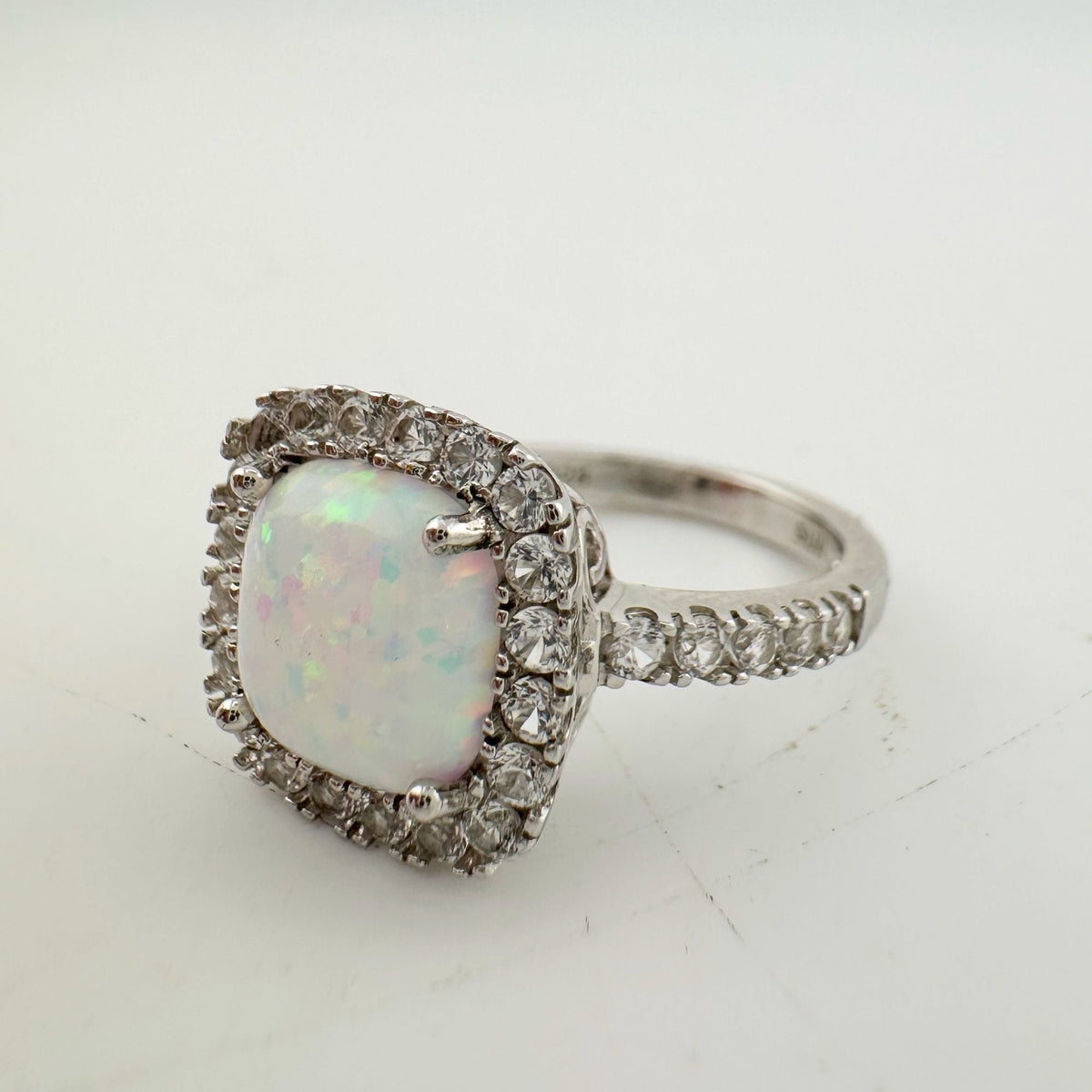 Cushion Cut Lab Created White Opal and White Topaz Ring Size 7 --  A+ Stuff ring