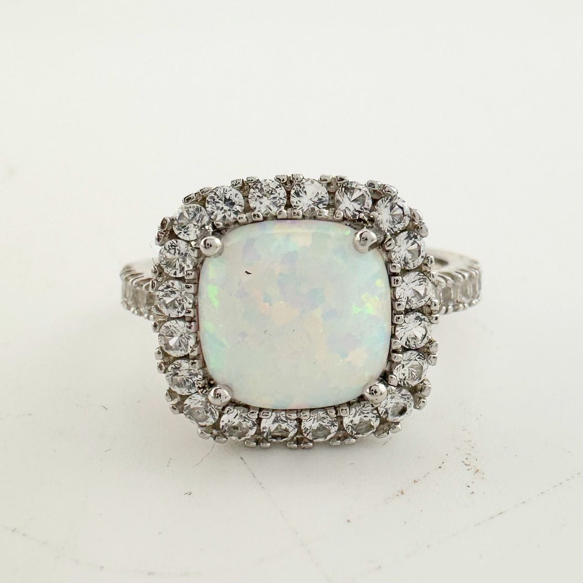 Cushion Cut Lab Created White Opal and White Topaz Ring Size 7 --  A+ Stuff ring