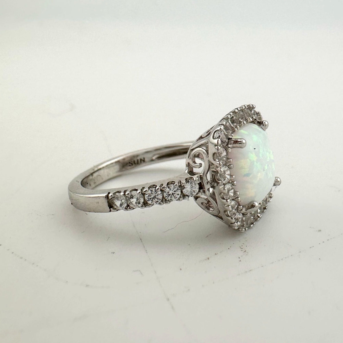 Cushion Cut Lab Created White Opal and White Topaz Ring Size 7 --  A+ Stuff ring