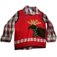Good Lad Christmas Sweatervest with plaid shirt (3T) - Moose in scarf on sweater - cute fun holiday set GOODLAD  A+ Stuff Shirts & Tops