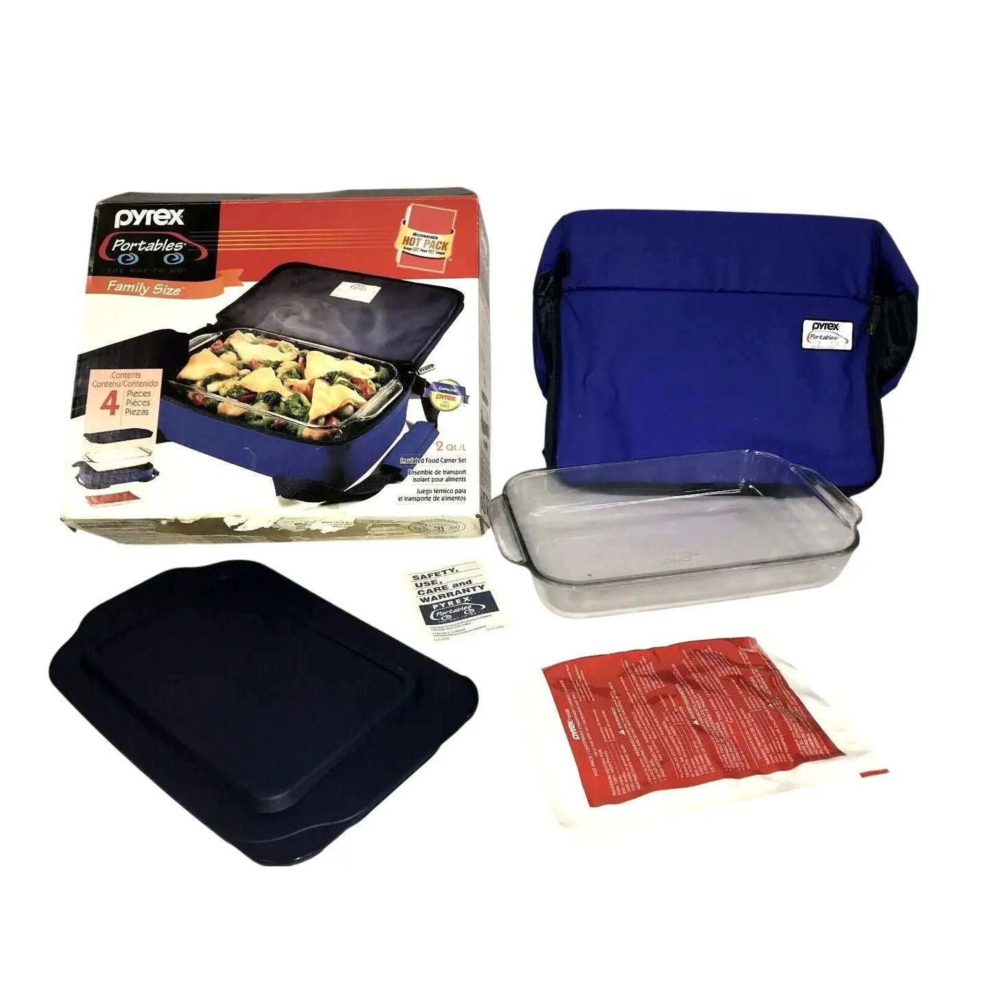 Pyrex portables family size glass bakeware set with lid, blue insulated carrying bag, and hot pack