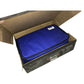 Blue zippered carrying case inside an open cardboard shipping box