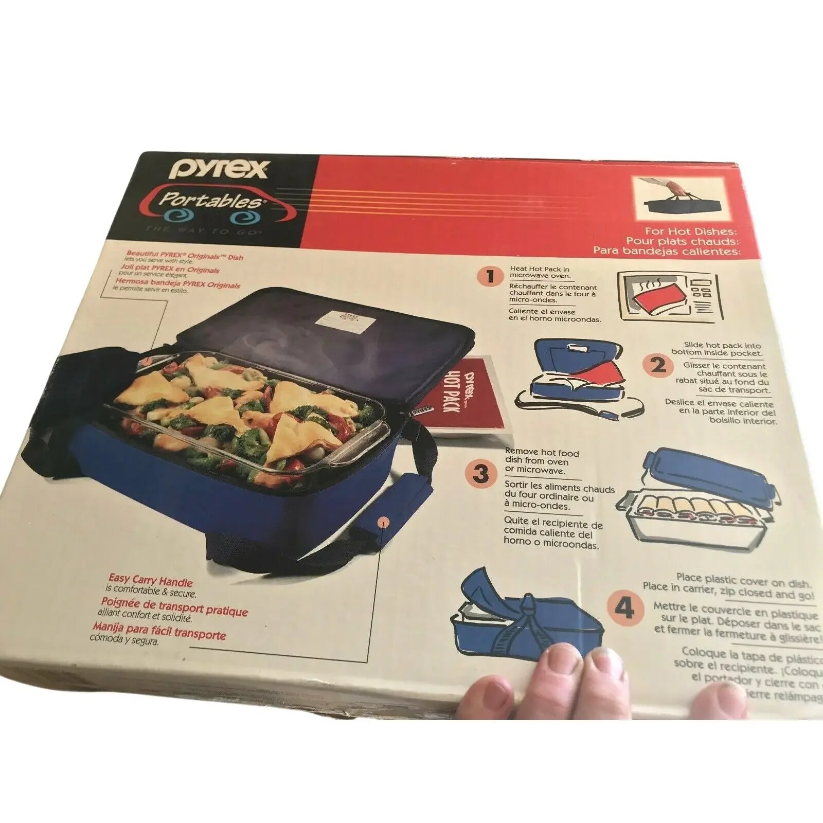 Pyrex Portables insulated food carrier box with casserole dish and usage instructions