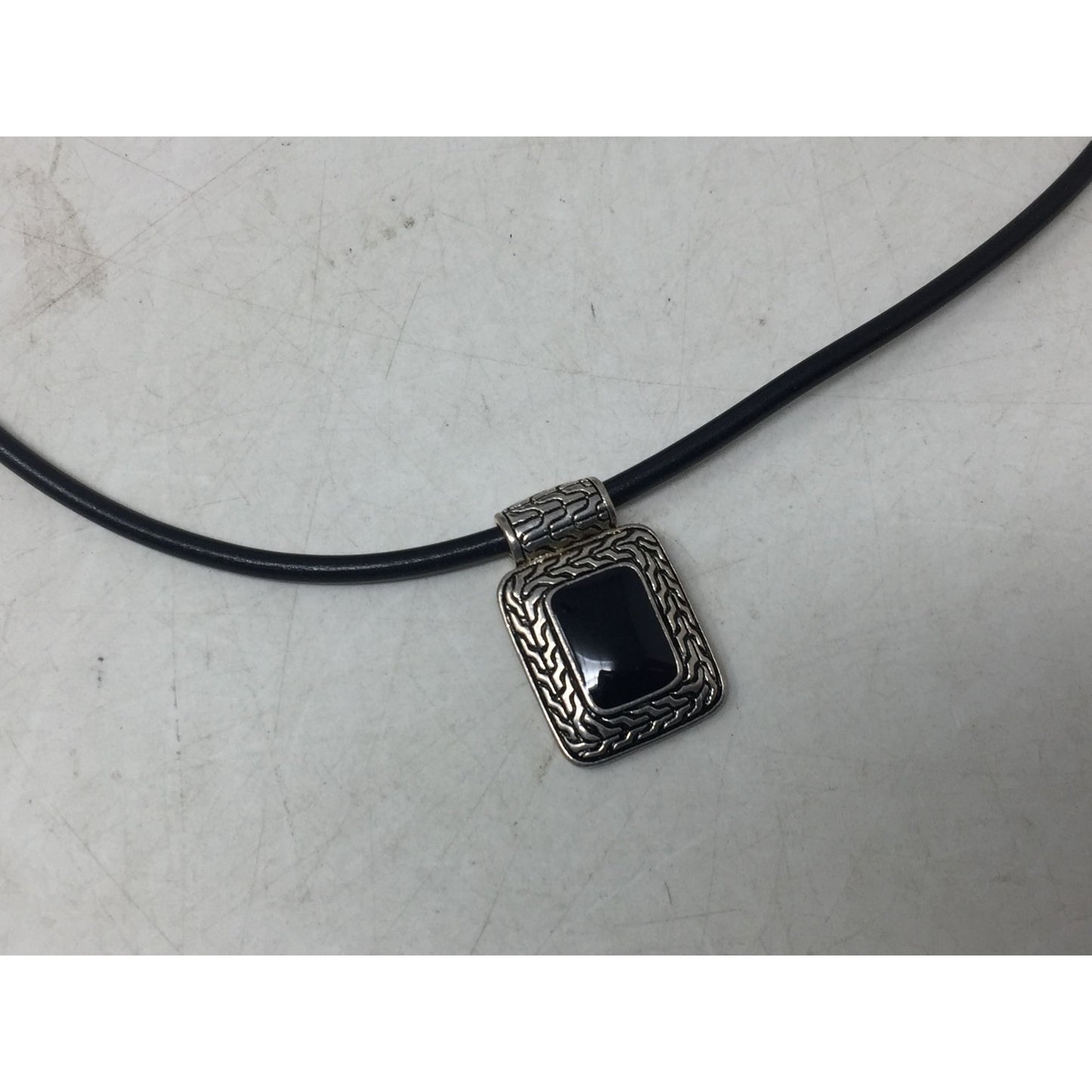Unisex Black Necklace with Silver & Black Rectangular Pendant