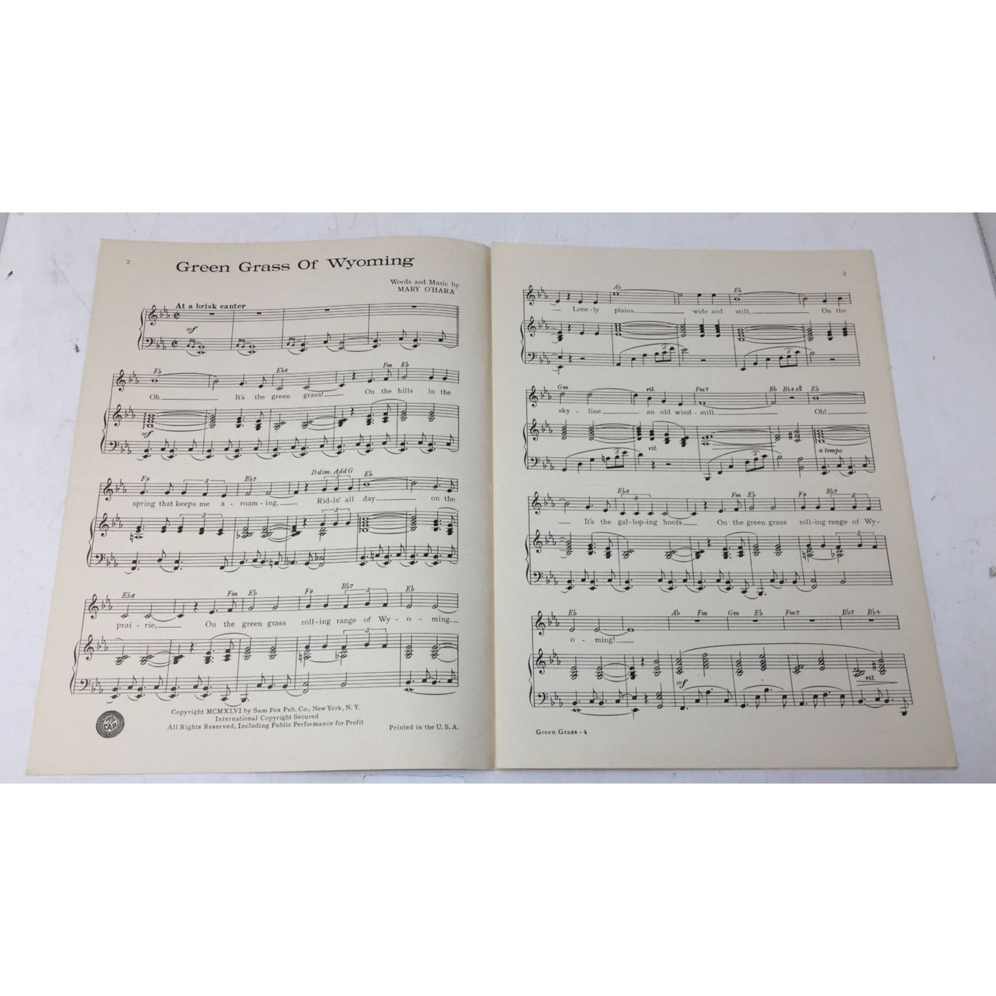 ''GREEN GRASS OF WYOMING'' Words and Music by Mary O'Hara