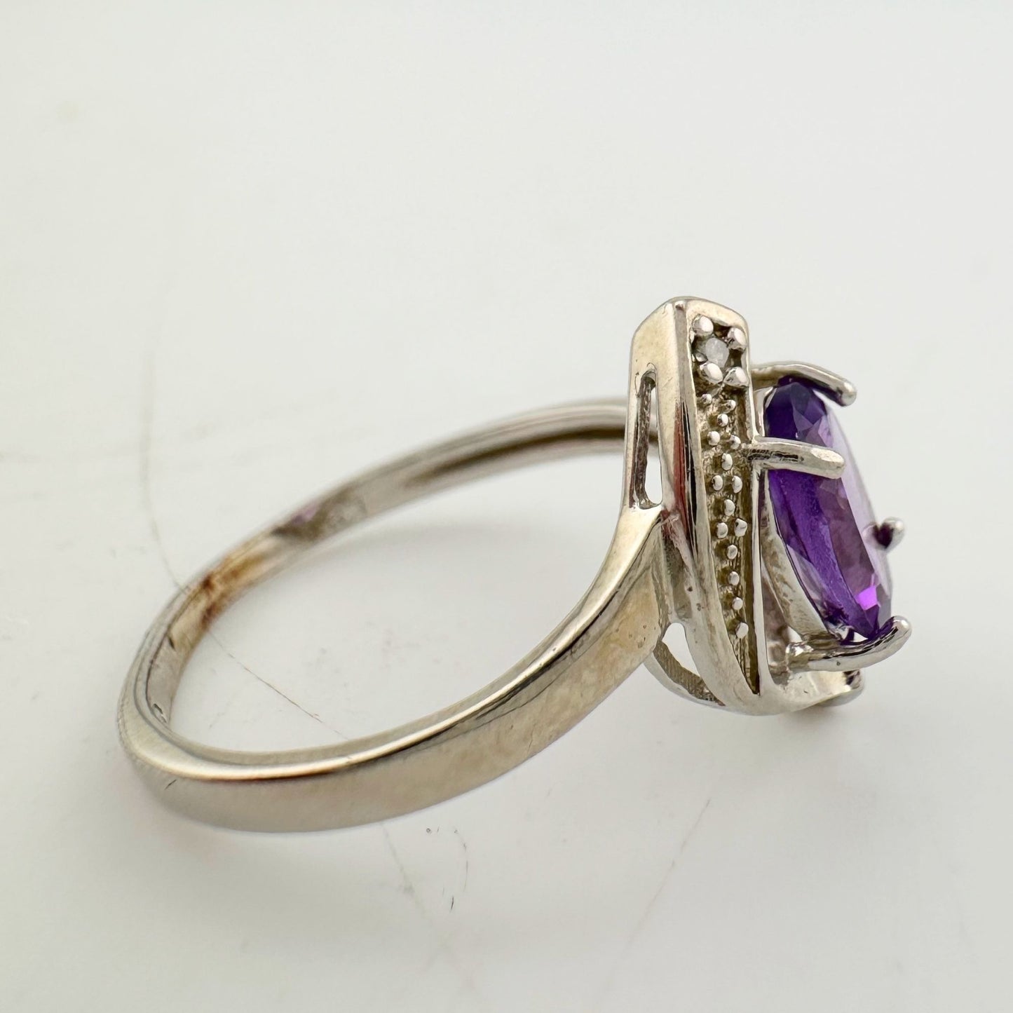 1.11 Carat Amethyst Ring with Diamond Accent - Sterling Silver - Size 7.5