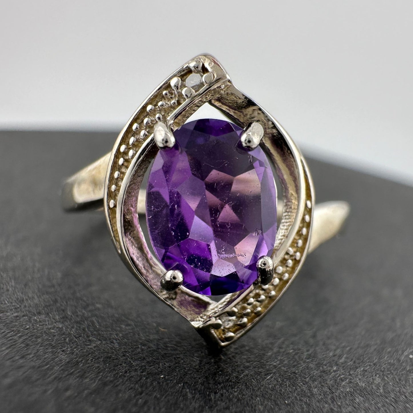 1.11 Carat Amethyst Ring with Diamond Accent - Sterling Silver - Size 7.5