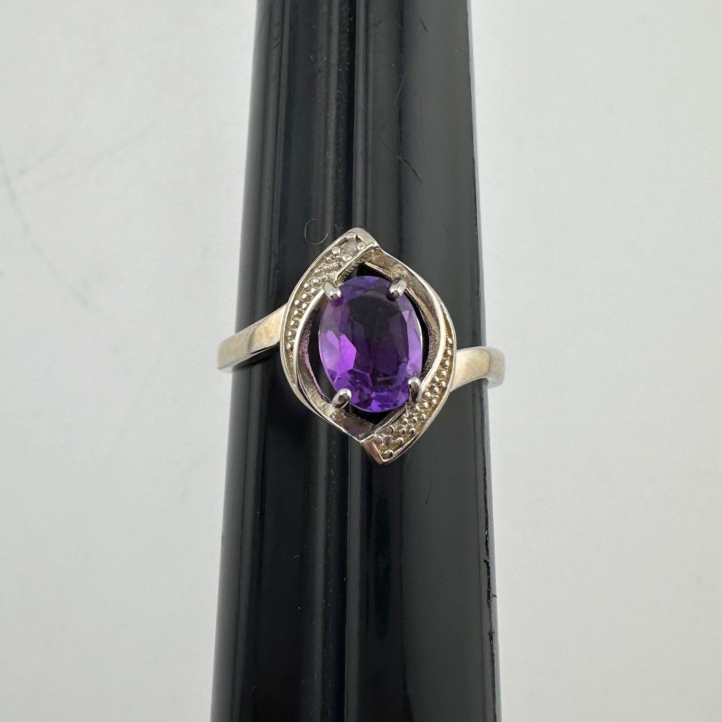 1.11 Carat Amethyst Ring with Diamond Accent - Sterling Silver - Size 7.5