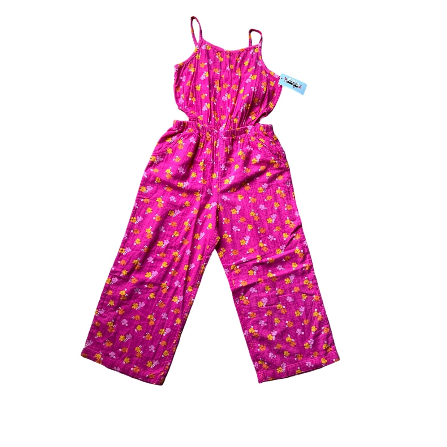 CUTE Girls Jumpsuit - Pink Floral with Small Cutouts at Waist - LARGE (10/12)