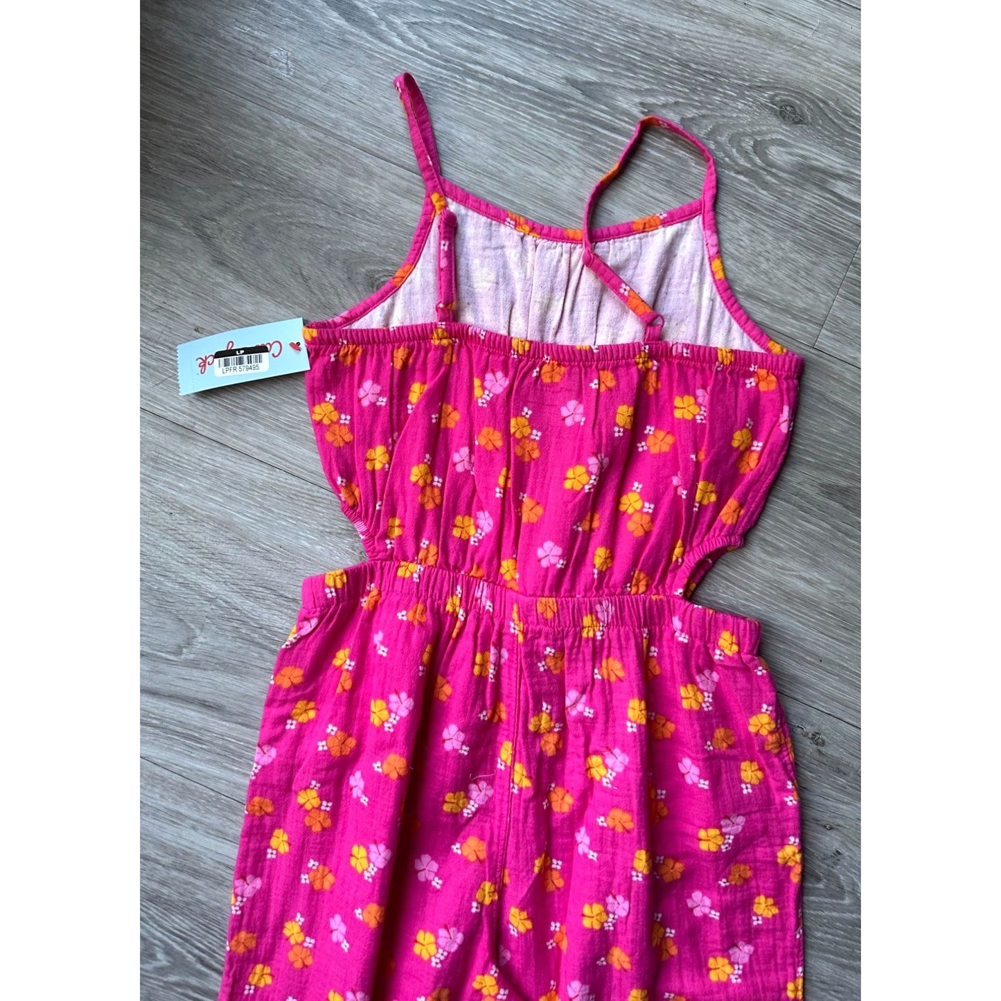 CUTE Girls Jumpsuit - Pink Floral with Small Cutouts at Waist - LARGE (10/12)