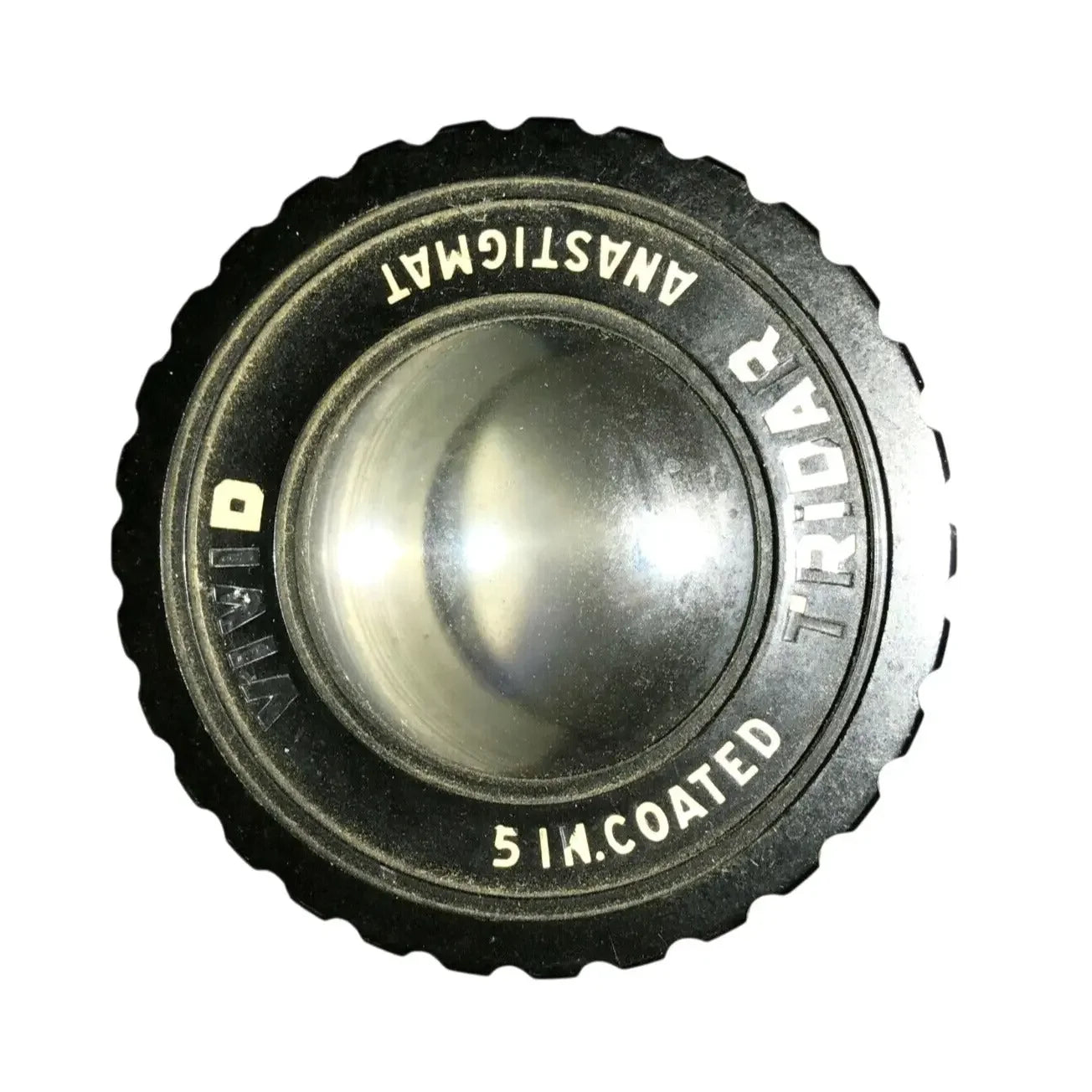 Close-up of a 5 inch coated Triotar anastigmat camera lens with black ridged edge