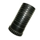 Black ribbed plastic hose connector fitting on white background