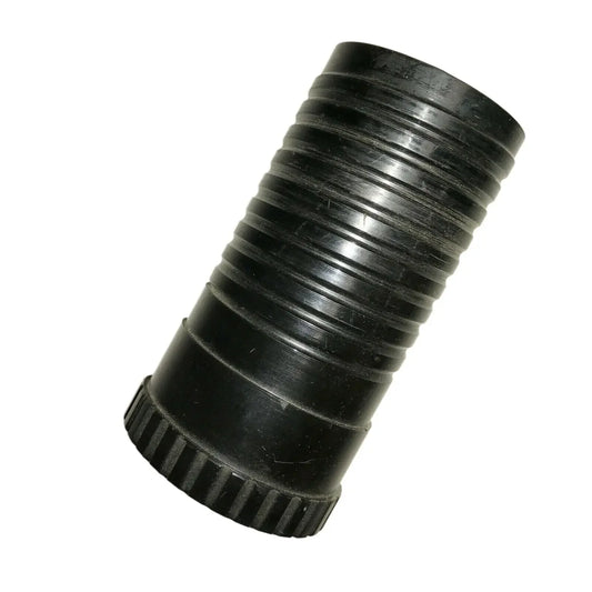 Black ribbed plastic hose connector fitting on white background