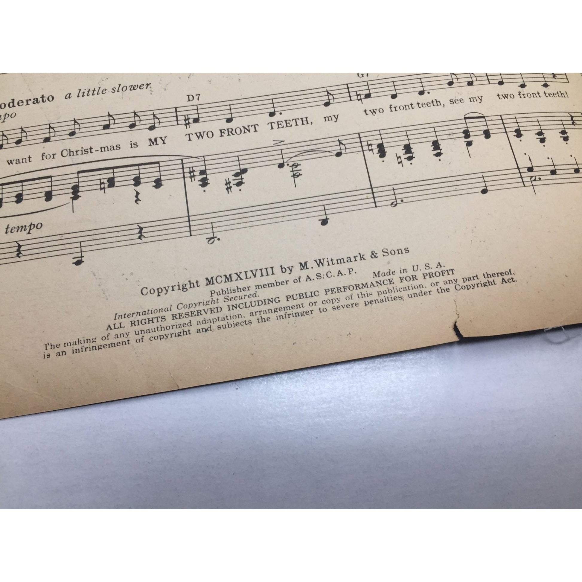 Vintage Sheet Music for the holiday song "(All I Want for Christmas Is) My Two Front Teeth". A+ Stuff  A+ Stuff