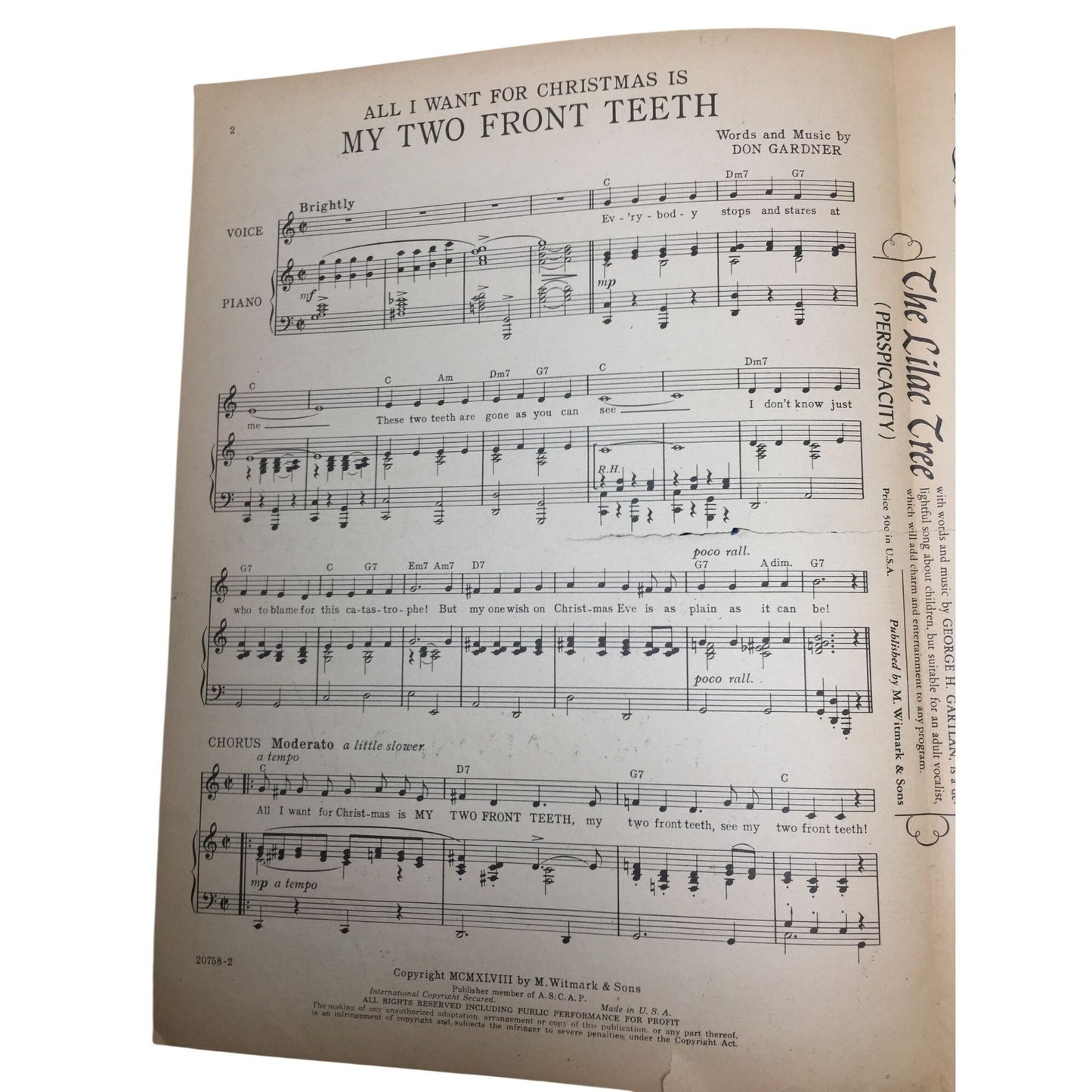 Vintage Sheet Music for the holiday song "(All I Want for Christmas Is) My Two Front Teeth". A+ Stuff  A+ Stuff