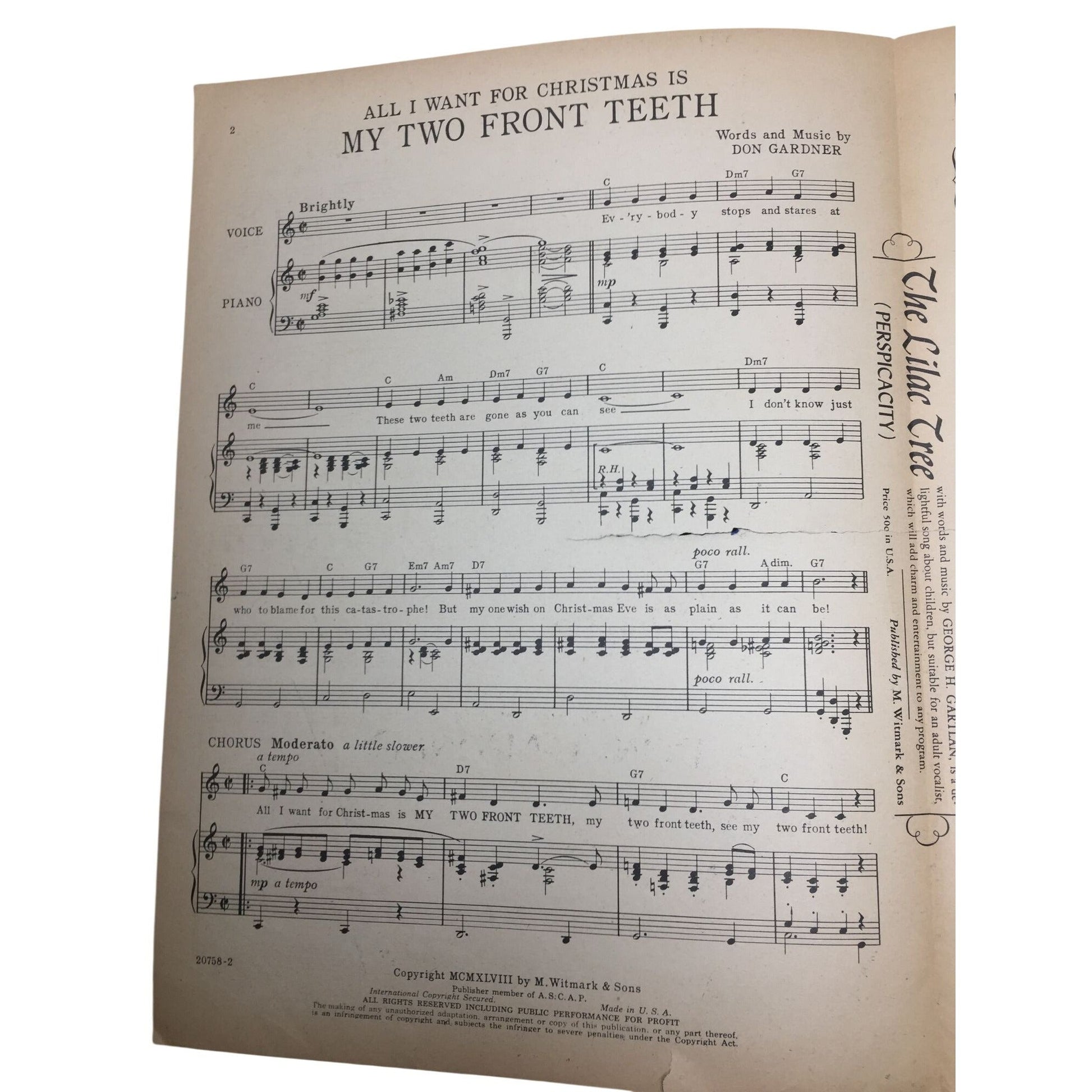 Vintage Sheet Music for the holiday song "(All I Want for Christmas Is) My Two Front Teeth". A+ Stuff  A+ Stuff