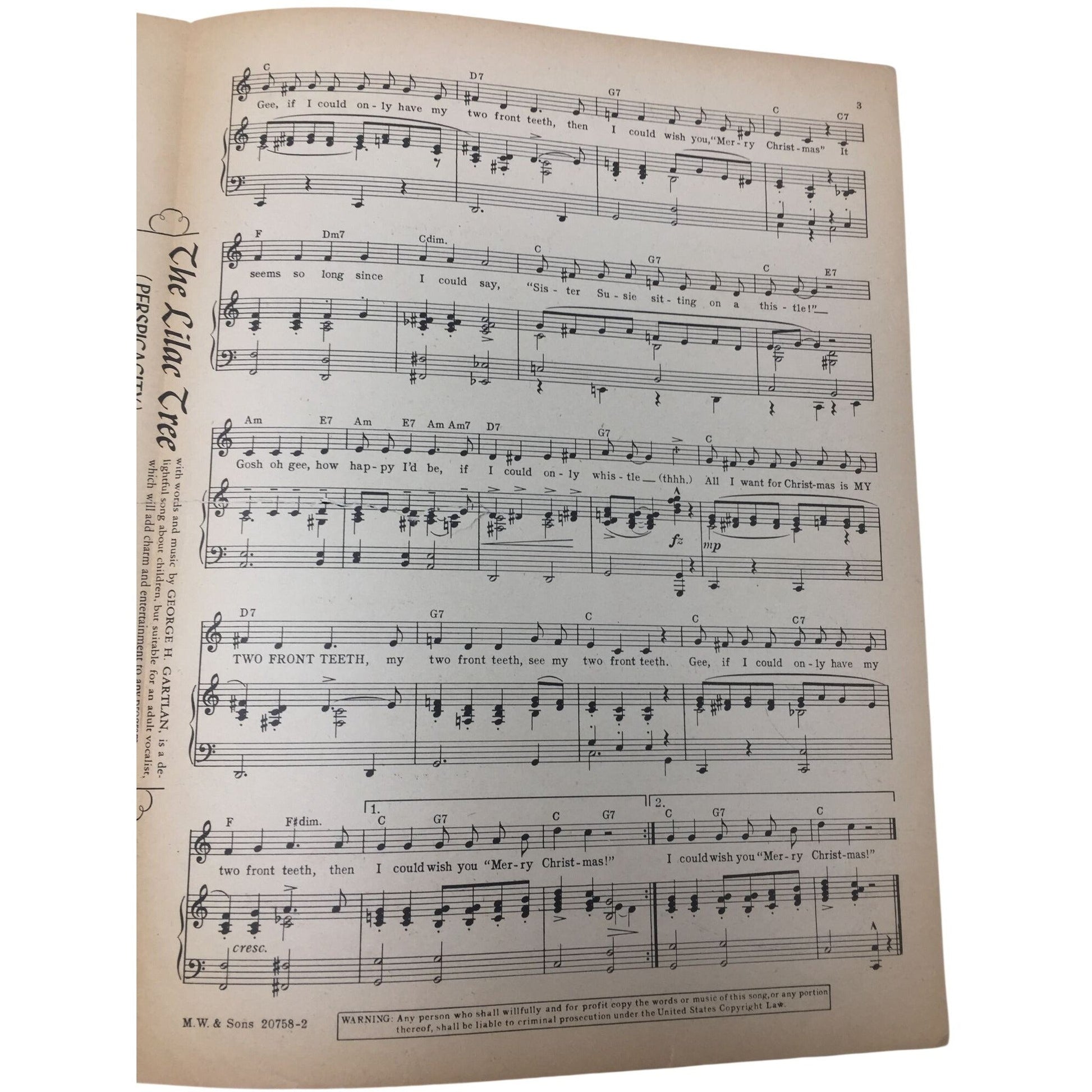 Vintage Sheet Music for the holiday song "(All I Want for Christmas Is) My Two Front Teeth". A+ Stuff  A+ Stuff