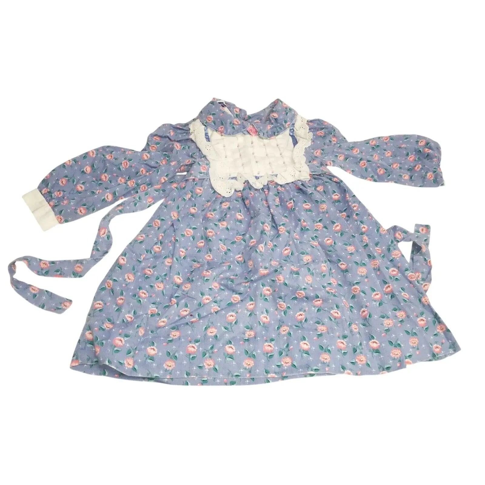 Purple floral long sleeve dress with white lace bib and cuffs, vintage-inspired design