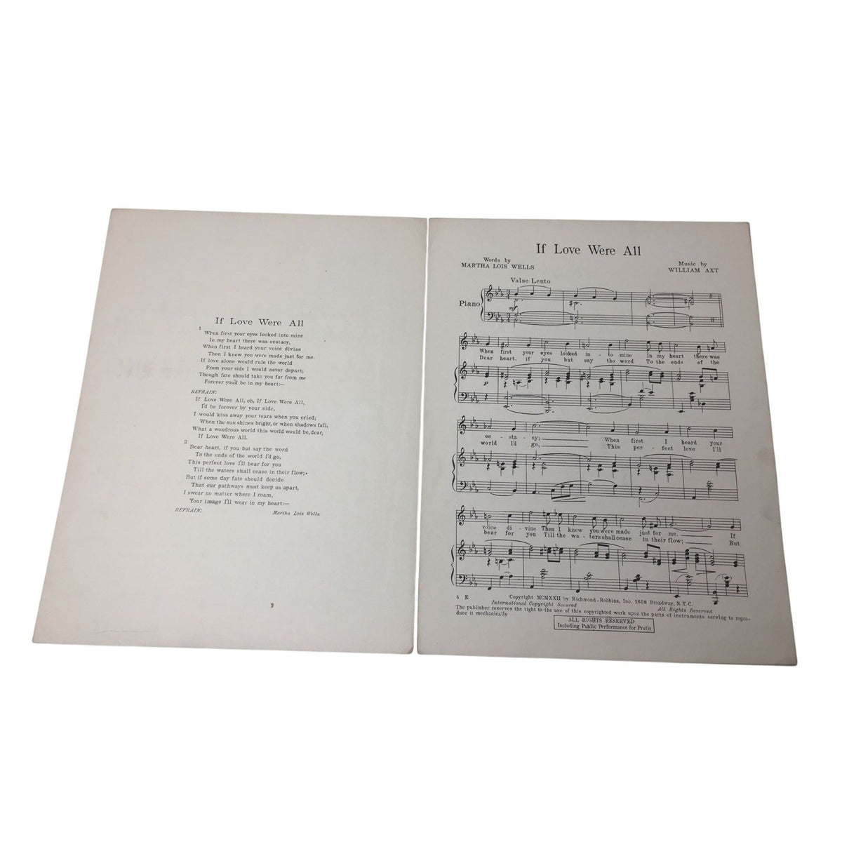 Vintage 1922 sheet music cover for the song "If Love Were All" A+ Stuff  A+ Stuff SHEET MUSIC