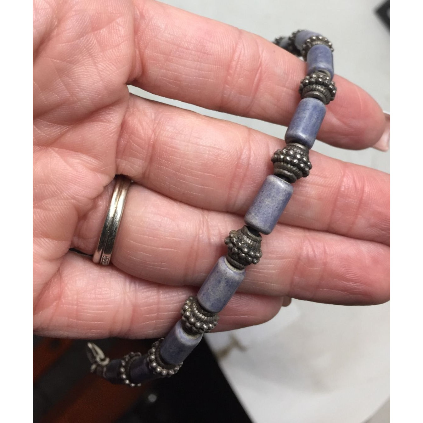 Women's Silver tone Bracelet with Blue and Silver Beads