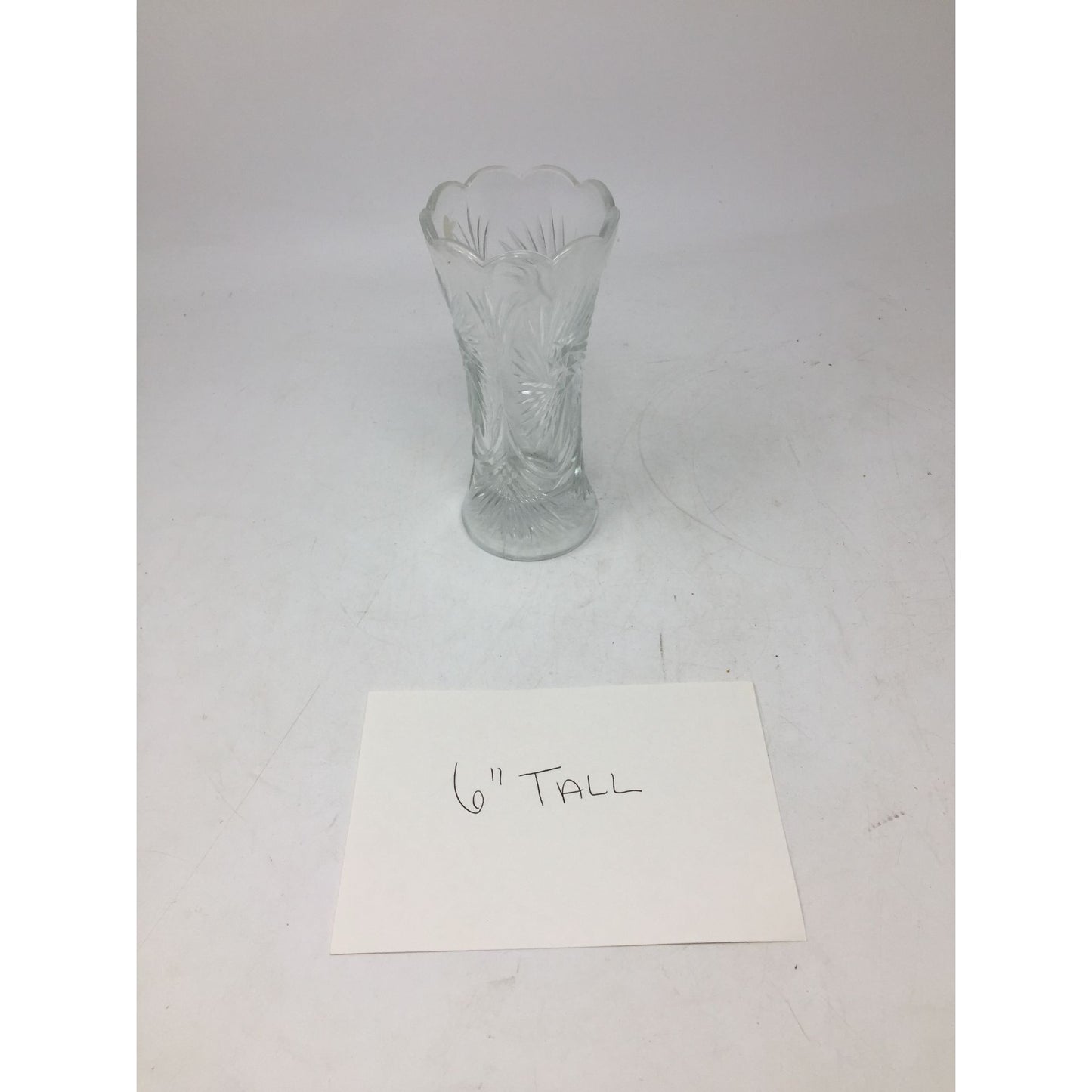 Vintage Clear Glass Bud Vase w/ Scalloped Edge Top - about 6'' tall