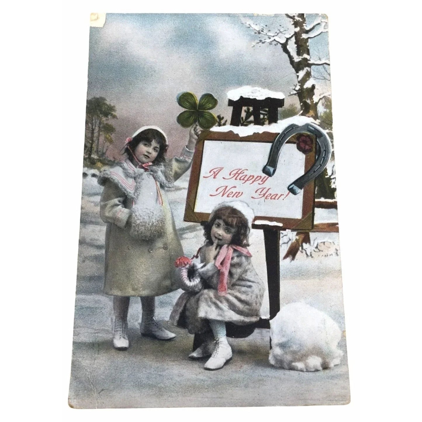 Vintage Collectible Postcard Two Girls Stand in the Snow Beside "A Happy New Year" Sign --  A+ Stuff antique collectible