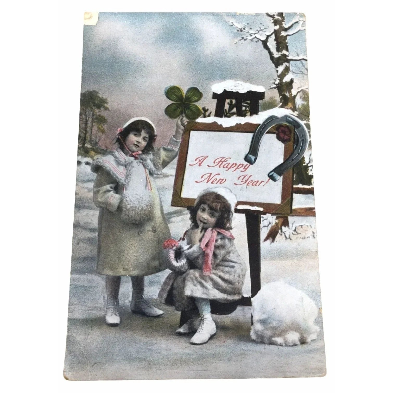 Vintage Collectible Postcard Two Girls Stand in the Snow Beside "A Happy New Year" Sign --  A+ Stuff antique collectible