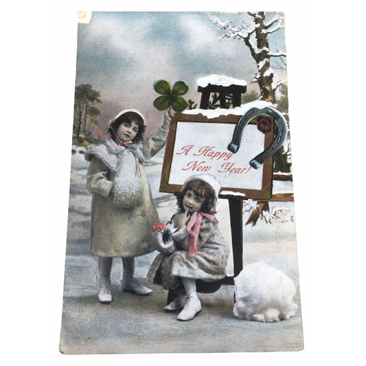 Vintage Collectible Postcard Two Girls Stand in the Snow Beside "A Happy New Year" Sign