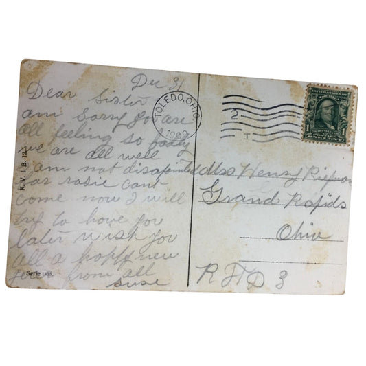 Vintage Collectible Postcard Two Girls Stand in the Snow Beside "A Happy New Year" Sign