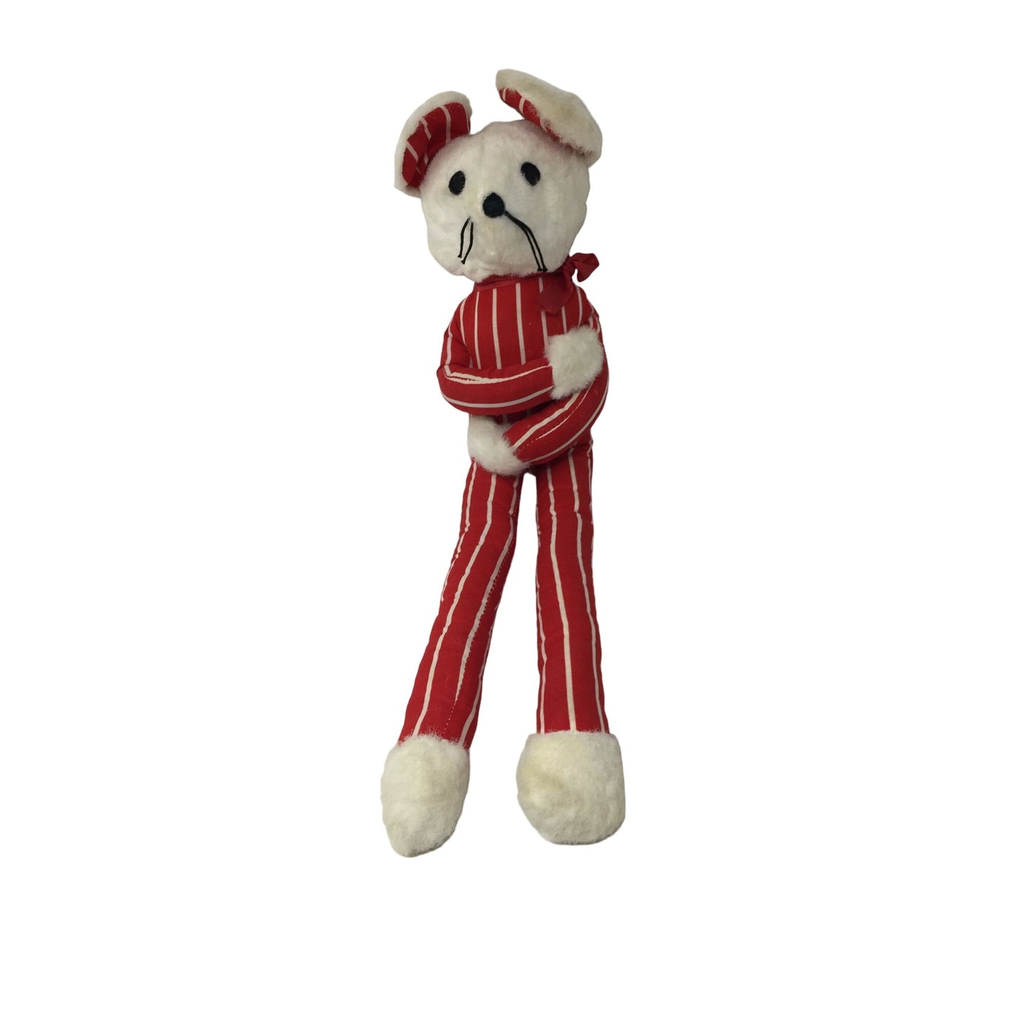 Vintage Christmas Stuffed Mouse Wearing Red and White Striped Pajamas