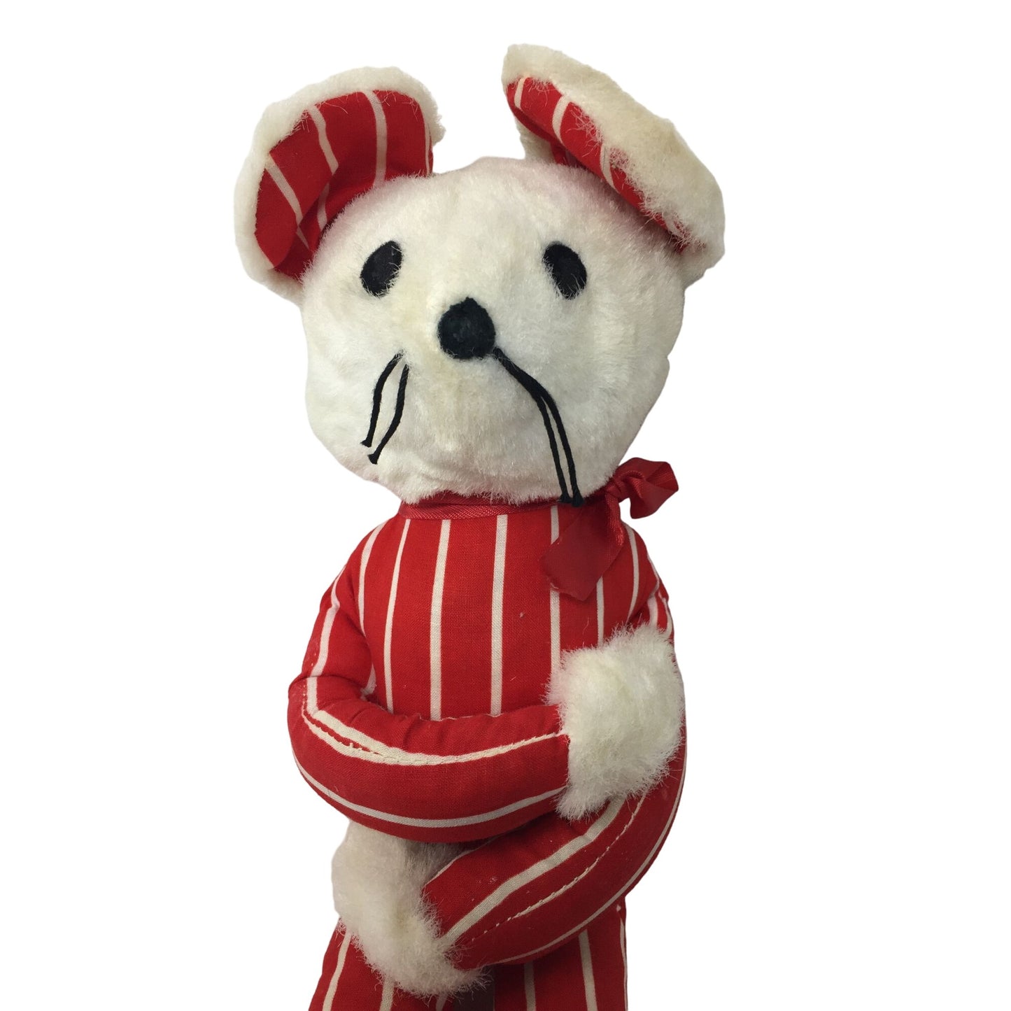 Vintage Christmas Stuffed Mouse Wearing Red and White Striped Pajamas