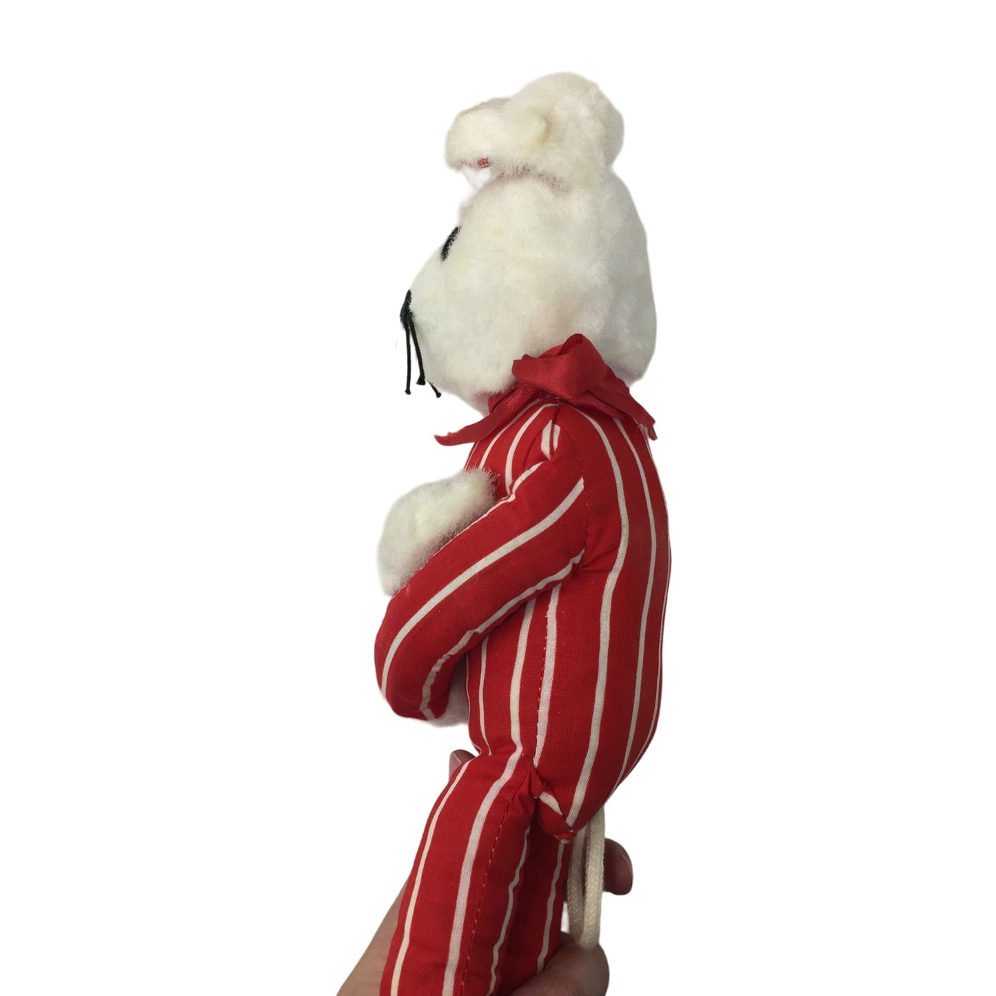 Vintage Christmas Stuffed Mouse Wearing Red and White Striped Pajamas