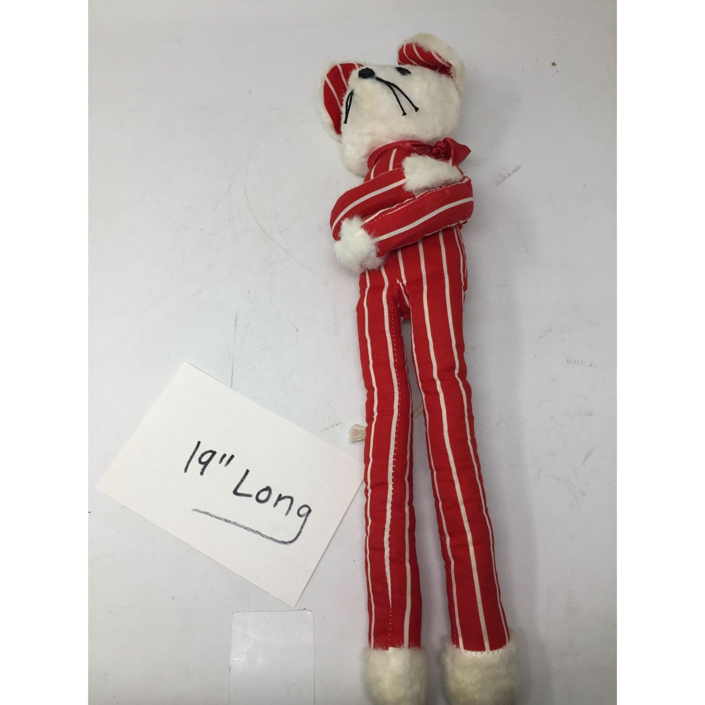 Vintage Christmas Stuffed Mouse Wearing Red and White Striped Pajamas