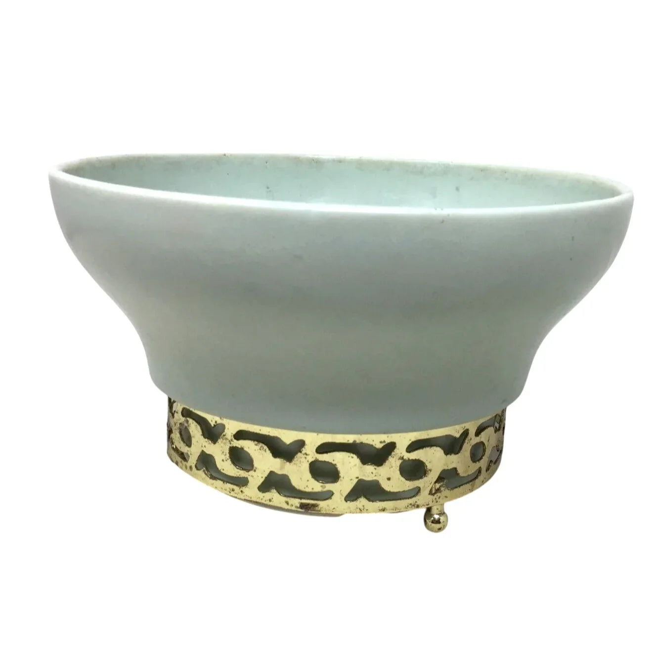 Vintage 7" Ceramic Light Green/Gold Metal Footed Bowl - A+ Stuff