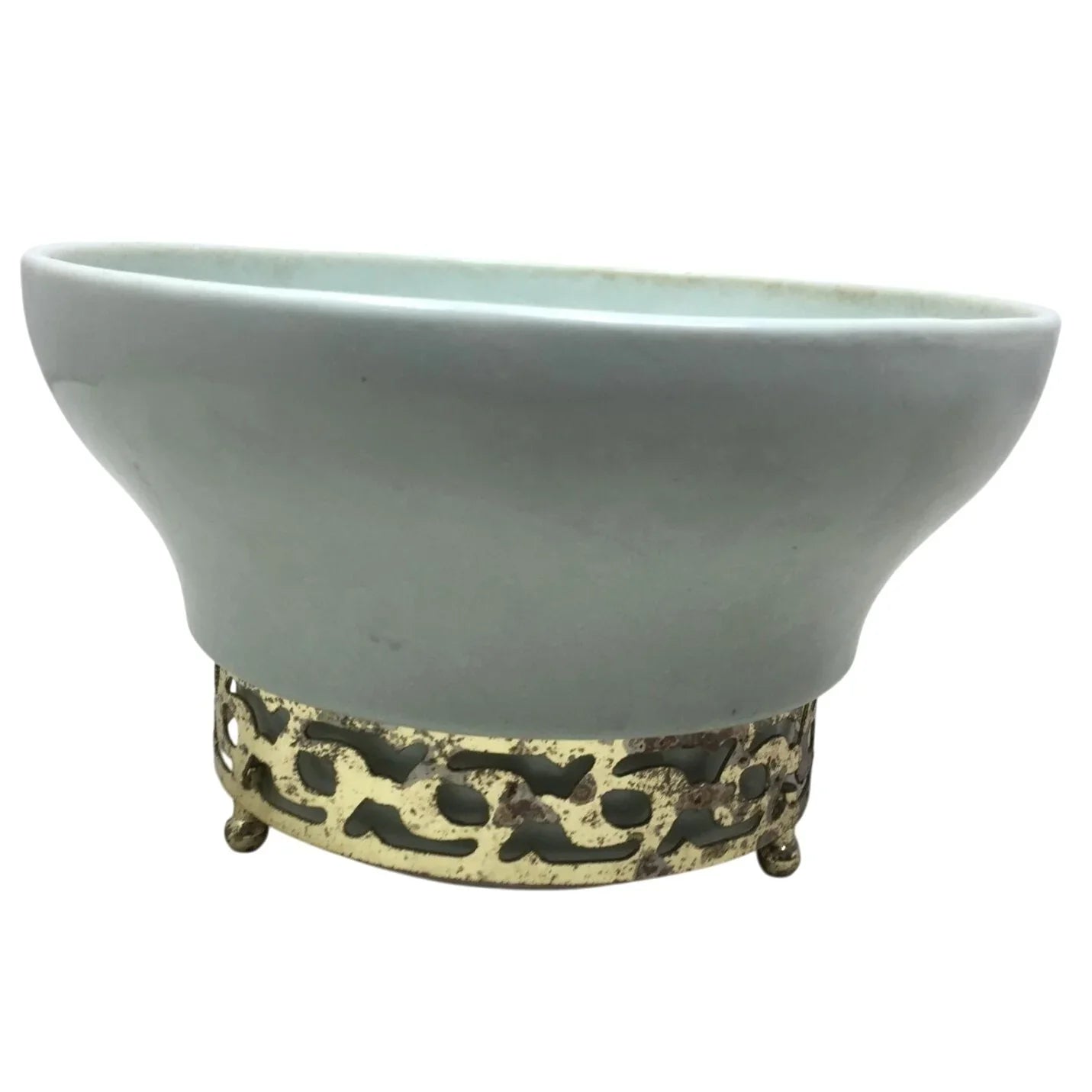 Vintage 7" Ceramic Light Green/Gold Metal Footed Bowl - A+ Stuff