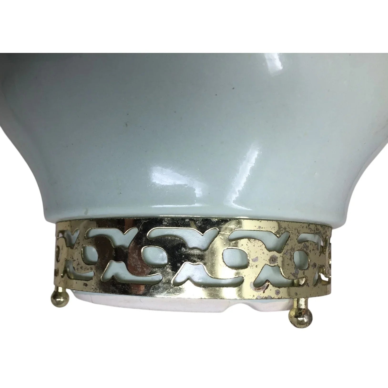 Vintage 7" Ceramic Light Green/Gold Metal Footed Bowl - A+ Stuff
